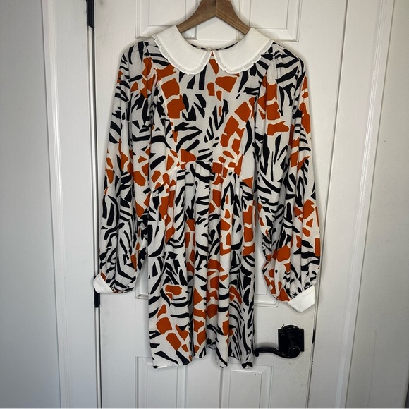 French Connection Vibrant Orange and Black Long Sleeve Dress 6 - Picture 2 of 9